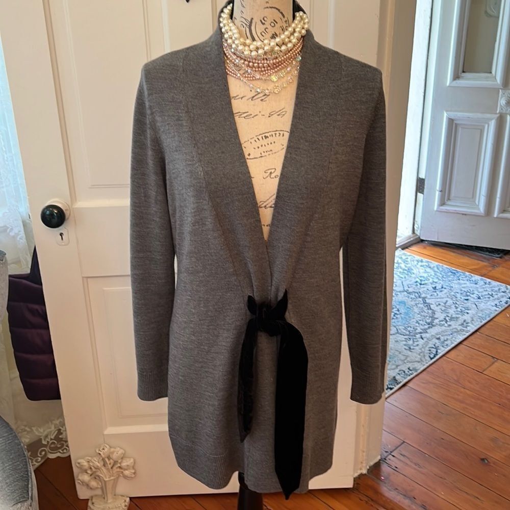 Talbots Gray Fine Merino Wool Blk Velvet Tie Waist Cardigan READ - FLAW